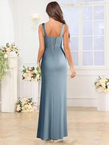 Women's Satin Mermaid Bridesmaid Dresses Square Collar Mermaid Pleated Formal Dress with Slit WTT99 in Saudi Arabia