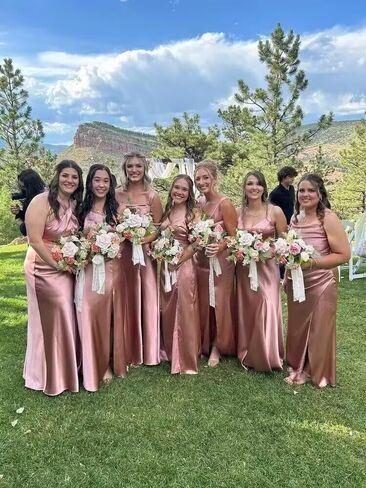 Women's Satin Mermaid Bridesmaid Dresses Square Collar Mermaid Pleated Formal Dress with Slit WTT99 in Saudi Arabia