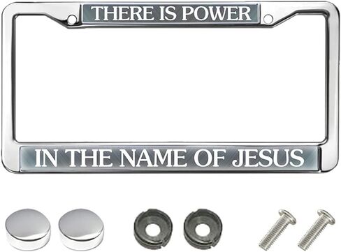 License Plate Frame Jesus Quote There is Power in The Name of Jesus Grey Religious Slogan 2 Holes with Screws Caps in Saudi Arabia