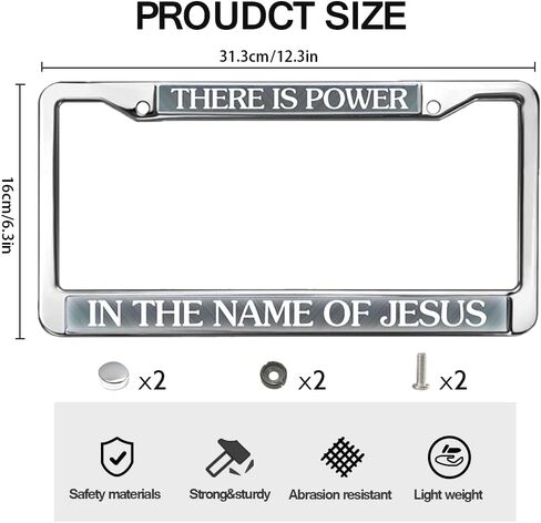 License Plate Frame Jesus Quote There is Power in The Name of Jesus Grey Religious Slogan 2 Holes with Screws Caps in Saudi Arabia