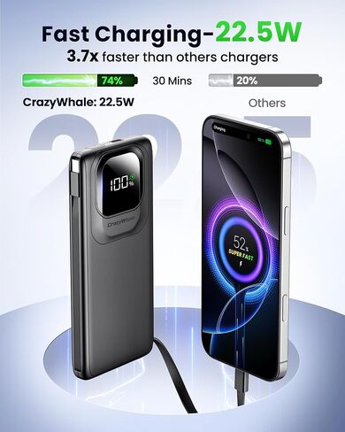 Portable Charger Power Bank with Built-in Type C Cables, 22.5W Fast Charging 10000mAh Phone Charger, Travel Battery Pack Slim Battery Bank with Smart LED Display for iPhone, Android & USB-C Devices in Saudi Arabia