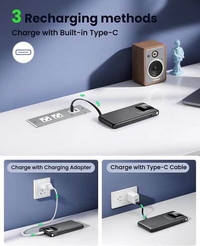 Portable Charger Power Bank with Built-in Type C Cables, 22.5W Fast Charging 10000mAh Phone Charger, Travel Battery Pack Slim Battery Bank with Smart LED Display for iPhone, Android & USB-C Devices in Saudi Arabia