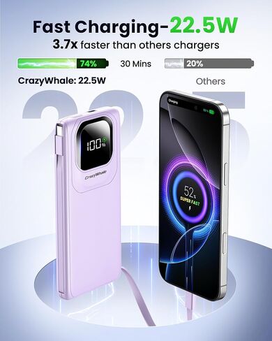 Portable Charger Power Bank with Built-in Type C Cables, 22.5W Fast Charging 10000mAh Phone Charger, Travel Battery Pack Slim Battery Bank with Smart LED Display for iPhone, Android & USB-C Devices in Saudi Arabia
