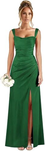 Women's Satin Mermaid Bridesmaid Dresses Square Collar Mermaid Pleated Formal Dress with Slit WTT99 in Saudi Arabia