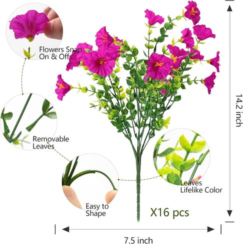 Artificial Flowers for Outdoors Spring Summer Decoration, 16 Bundles Fake Silk Realistic Morning Glory UV Resistant Faux Plastic Plants for Planter Front Door Porch Patio Yard (Fuchsia) in Saudi Arabia
