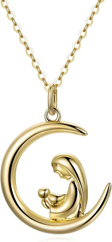 14K Gold Mom Necklace for Women, Dainty Gold Mother and Child Love up to Crescent Moon Necklace Birthday Anniversary Jewelry Gift for Mom, Wife, Daughter 16"+ 2" in Kuwait