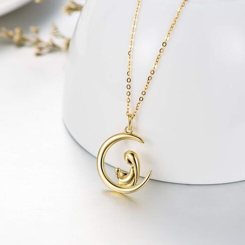 14K Gold Mom Necklace for Women, Dainty Gold Mother and Child Love up to Crescent Moon Necklace Birthday Anniversary Jewelry Gift for Mom, Wife, Daughter 16"+ 2" in Kuwait
