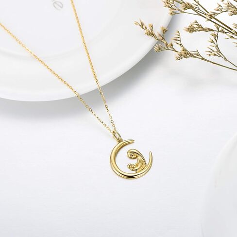 14K Gold Mom Necklace for Women, Dainty Gold Mother and Child Love up to Crescent Moon Necklace Birthday Anniversary Jewelry Gift for Mom, Wife, Daughter 16"+ 2" in Kuwait