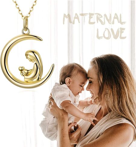 14K Gold Mom Necklace for Women, Dainty Gold Mother and Child Love up to Crescent Moon Necklace Birthday Anniversary Jewelry Gift for Mom, Wife, Daughter 16"+ 2" in Kuwait
