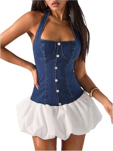WDIRARA Women's Halter Denim Bubble Dress Y2k Ruffle Hem Tie Backless Mini Dresses in Saudi Arabia