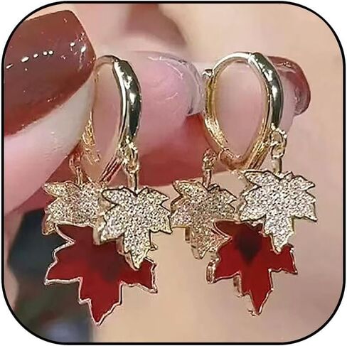 Maple Leaf Earrings for Women Autumn Thanksgiving Earrings Red Crystal Maple Leaf Dangle Earrings Thanksgiving Jewelry Gifts for Women in Saudi Arabia