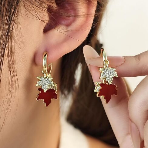 Maple Leaf Earrings for Women Autumn Thanksgiving Earrings Red Crystal Maple Leaf Dangle Earrings Thanksgiving Jewelry Gifts for Women in Saudi Arabia