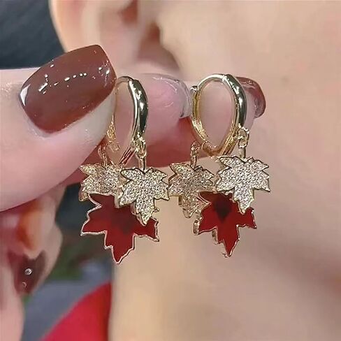Maple Leaf Earrings for Women Autumn Thanksgiving Earrings Red Crystal Maple Leaf Dangle Earrings Thanksgiving Jewelry Gifts for Women in Saudi Arabia