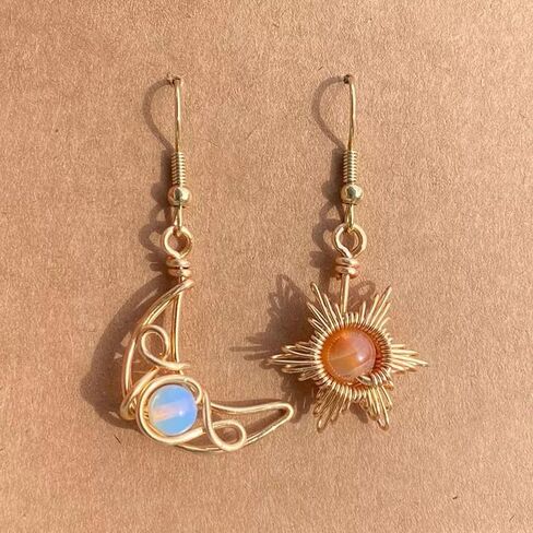 Boho Moonstone Sun and Moon Earrings for Women Vintage Asymmetry Hollow Moon Star Sun Dangle Drop Earrings Celestial Jewelry in Saudi Arabia