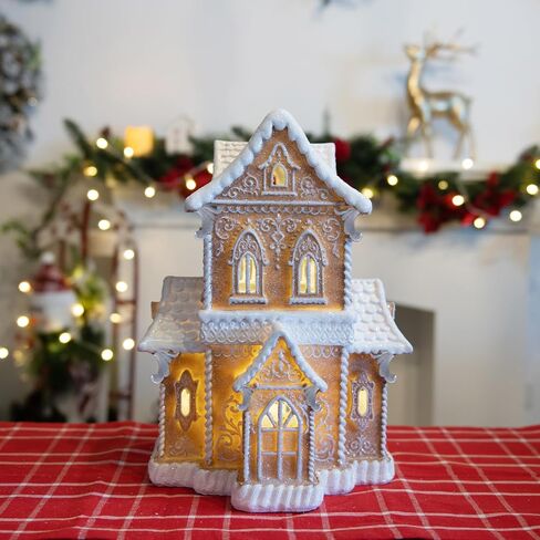 تماثيل Braxio Gingerbread House لعيد الميلاد القابلة للجمع - بيت خبز الزنجبيل لعيد الميلاد من الراتنج مع ضوء LED لقرية عيد الميلاد وديكورات حفلات الكريسماس ديكور طاولة داخلي, 9.5 * 9.5 * 16.5 بوصة in Kuwait