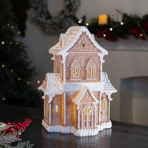 تماثيل Braxio Gingerbread House لعيد الميلاد القابلة للجمع - بيت خبز الزنجبيل لعيد الميلاد من الراتنج مع ضوء LED لقرية عيد الميلاد وديكورات حفلات الكريسماس ديكور طاولة داخلي, 9.5 * 9.5 * 16.5 بوصة in Kuwait