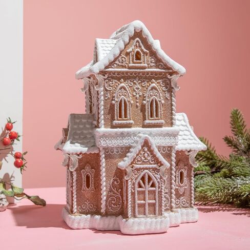 تماثيل Braxio Gingerbread House لعيد الميلاد القابلة للجمع - بيت خبز الزنجبيل لعيد الميلاد من الراتنج مع ضوء LED لقرية عيد الميلاد وديكورات حفلات الكريسماس ديكور طاولة داخلي, 9.5 * 9.5 * 16.5 بوصة in Kuwait