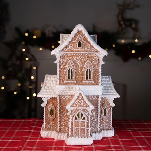 تماثيل Braxio Gingerbread House لعيد الميلاد القابلة للجمع - بيت خبز الزنجبيل لعيد الميلاد من الراتنج مع ضوء LED لقرية عيد الميلاد وديكورات حفلات الكريسماس ديكور طاولة داخلي, 9.5 * 9.5 * 16.5 بوصة in Kuwait