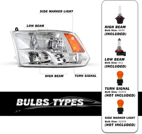 مجموعة المصابيح الأمامية الرباعية SOCKIR متوافقة مع 2009-2018 دودج رام 1500/2010-2018 دودج رام 2500 3500 OE استبدال سائق المصابيح الأمامية الهالوجين وجانب الركاب مع المصابيح in Kuwait
