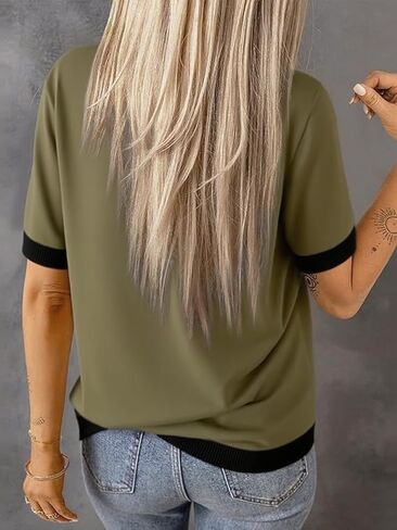 سترات نسائية كاجوال بياقة دائرية وأكمام قصيرة مخططة بألوان زاهية من القطن المحبوك وسترة علوية عصرية in Kuwait