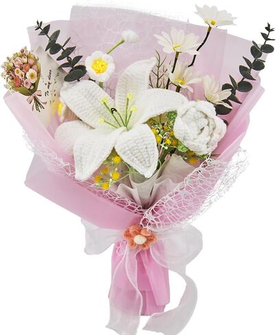 Crochet Flowers, Crochet Flower Bouquet of Crochet Lily, Tulips, Lily of the Valley, Handmade Artificial Flowers for Home Decor, Wedding, Anniversary, Birthday Gifts for Women (Include Card, Gift Bag) in Saudi Arabia