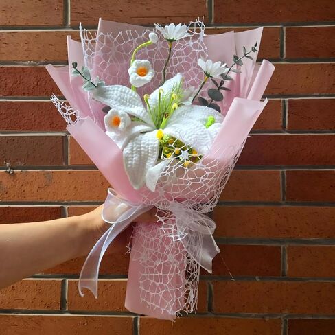 Crochet Flowers, Crochet Flower Bouquet of Crochet Lily, Tulips, Lily of the Valley, Handmade Artificial Flowers for Home Decor, Wedding, Anniversary, Birthday Gifts for Women (Include Card, Gift Bag) in Saudi Arabia