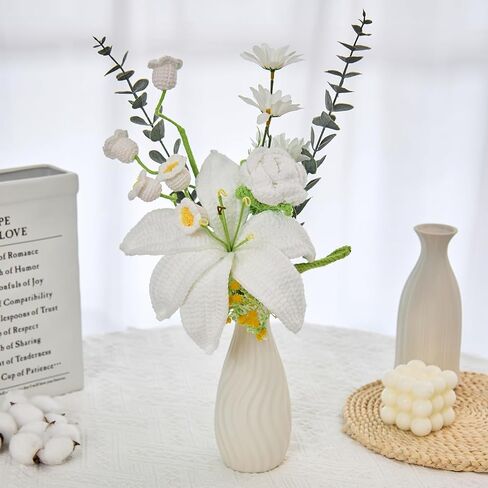 Crochet Flowers, Crochet Flower Bouquet of Crochet Lily, Tulips, Lily of the Valley, Handmade Artificial Flowers for Home Decor, Wedding, Anniversary, Birthday Gifts for Women (Include Card, Gift Bag) in Saudi Arabia
