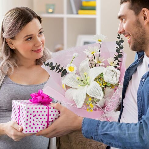 Crochet Flowers, Crochet Flower Bouquet of Crochet Lily, Tulips, Lily of the Valley, Handmade Artificial Flowers for Home Decor, Wedding, Anniversary, Birthday Gifts for Women (Include Card, Gift Bag) in Saudi Arabia