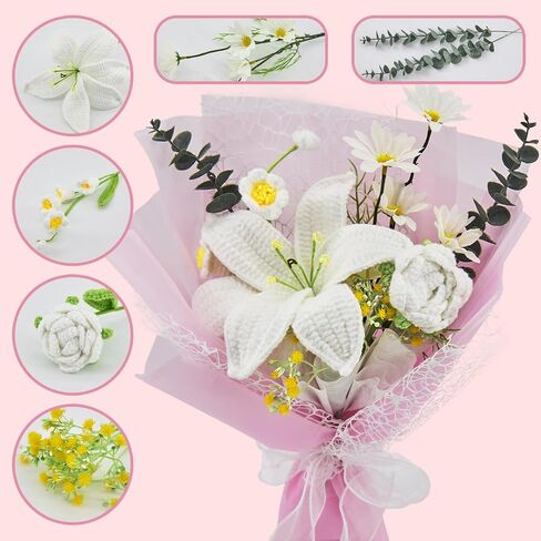 Crochet Flowers, Crochet Flower Bouquet of Crochet Lily, Tulips, Lily of the Valley, Handmade Artificial Flowers for Home Decor, Wedding, Anniversary, Birthday Gifts for Women (Include Card, Gift Bag) in Saudi Arabia