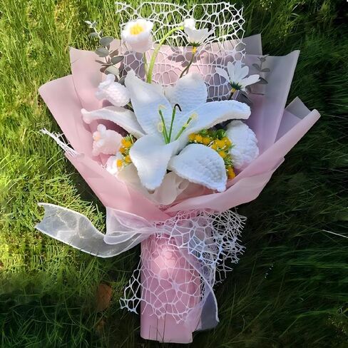 Crochet Flowers, Crochet Flower Bouquet of Crochet Lily, Tulips, Lily of the Valley, Handmade Artificial Flowers for Home Decor, Wedding, Anniversary, Birthday Gifts for Women (Include Card, Gift Bag) in Saudi Arabia