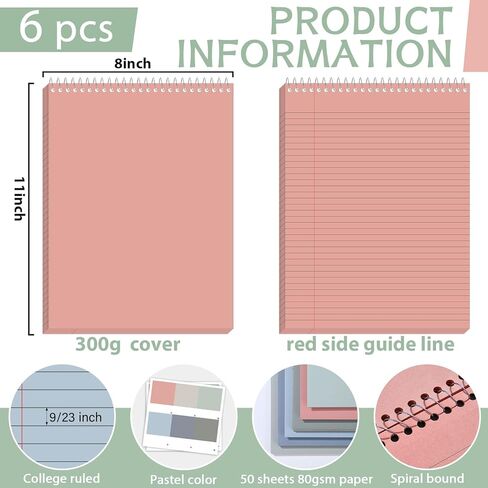 gisgfim 6 Pcs Pastel Top Bound Spiral Notebooks 8-1/2" x 11" College Ruled Aesthetic Legal Pad Top Spiral Steno Pads Colored Paper Assorted Covers Spiral Notebook for Writing School Office Supplies in Kuwait