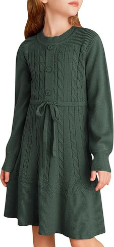 GRACE KARIN Girls Sweater Dress Fall Winter Long Sleeve Kids Fashion Drawstring Waist Cable Knit Dresses Size 5-12 in Kuwait