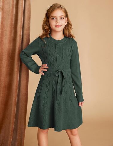 GRACE KARIN Girls Sweater Dress Fall Winter Long Sleeve Kids Fashion Drawstring Waist Cable Knit Dresses Size 5-12 in Kuwait