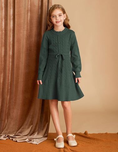 GRACE KARIN Girls Sweater Dress Fall Winter Long Sleeve Kids Fashion Drawstring Waist Cable Knit Dresses Size 5-12 in Kuwait