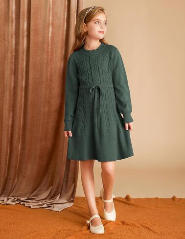 GRACE KARIN Girls Sweater Dress Fall Winter Long Sleeve Kids Fashion Drawstring Waist Cable Knit Dresses Size 5-12 in Kuwait