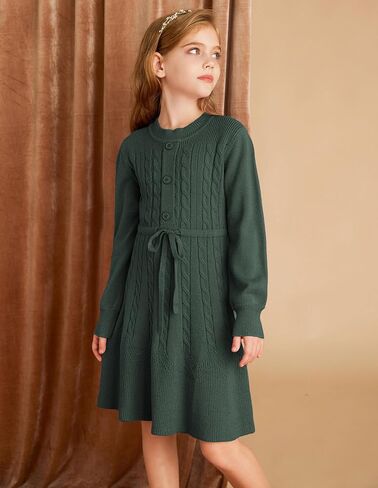 GRACE KARIN Girls Sweater Dress Fall Winter Long Sleeve Kids Fashion Drawstring Waist Cable Knit Dresses Size 5-12 in Kuwait