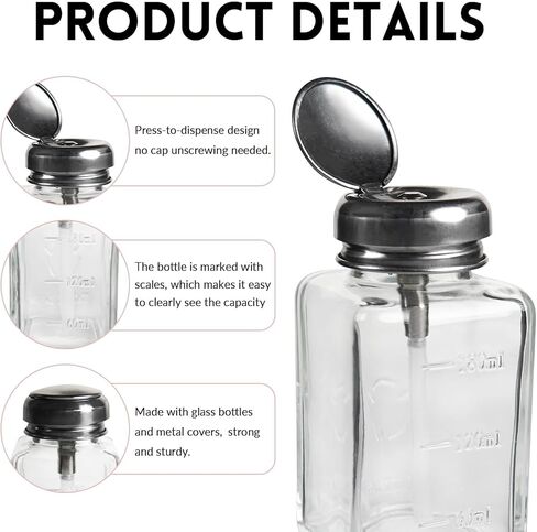 موزع مضخة ضغط زجاجي سعة 6 أونصة/180 مل للأسيتون ومزيل طلاء الأظافر والزيوت العطرية - مانع للتسرب وقابل لإعادة الملء ومتين - مثالي لصالونات الأظافر أو المختبرات أو الاستخدام المنزلي in Kuwait