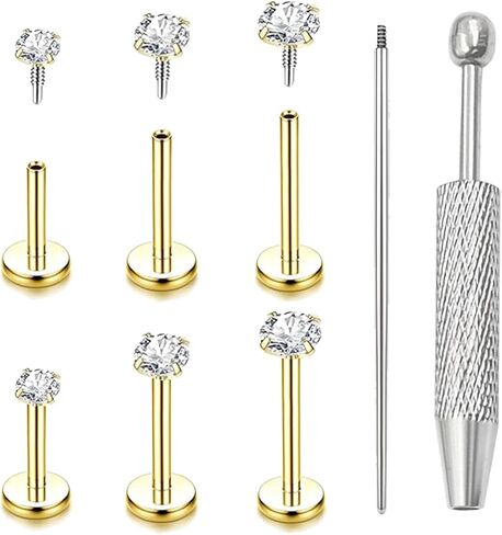 14K Gold Plated Flat Back Stud Earrings - 316L Surgical Steel Internal Thread CZ Stud Piercing Jewelry for Tragus Helix Cartilage Conch Nose Hypoallergenic Lip Labret Medusa Piercing 16G 18G 20G in Saudi Arabia