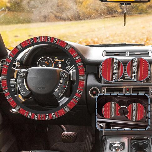 Boho Ethnic Southwest Geometric Steering Wheel Cover Non-Slip Breathable Universal 15 Inch Car Steering Wheel Cover with 2 Pieces Car Coasters Suitable for Men Women in Kuwait
