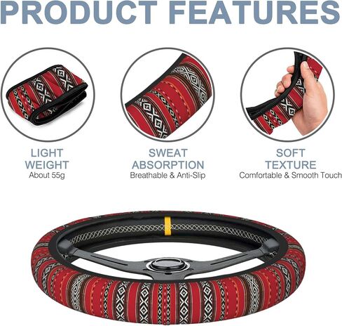 Boho Ethnic Southwest Geometric Steering Wheel Cover Non-Slip Breathable Universal 15 Inch Car Steering Wheel Cover with 2 Pieces Car Coasters Suitable for Men Women in Kuwait