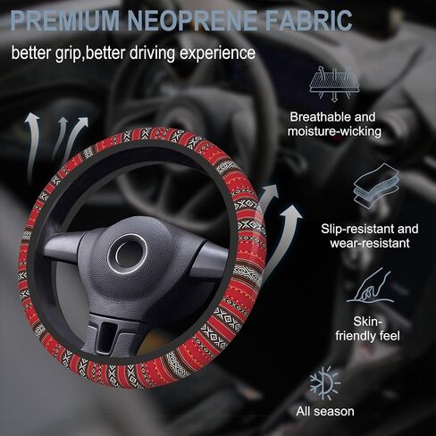 Boho Ethnic Southwest Geometric Steering Wheel Cover Non-Slip Breathable Universal 15 Inch Car Steering Wheel Cover with 2 Pieces Car Coasters Suitable for Men Women in Kuwait