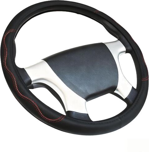 18-Inch Black Leather Truck Steering Wheel Cover - Anti-Slip Grip & Breathable XL Design for Semi Trucks, RVs, Big Rigs, and 18 Wheelers (Fits 17.5-18 inches) (Red Stitching) in Saudi Arabia