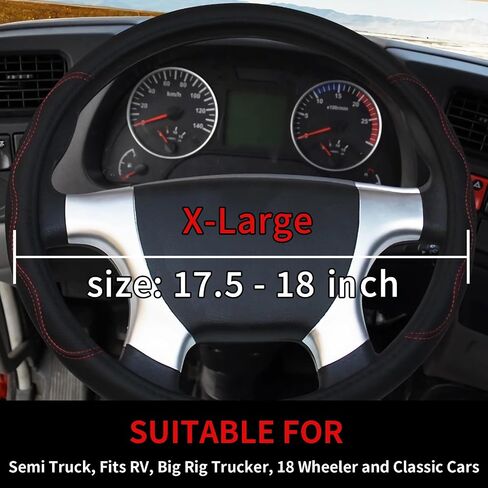 18-Inch Black Leather Truck Steering Wheel Cover - Anti-Slip Grip & Breathable XL Design for Semi Trucks, RVs, Big Rigs, and 18 Wheelers (Fits 17.5-18 inches) (Red Stitching) in Saudi Arabia