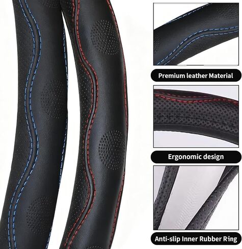 18-Inch Black Leather Truck Steering Wheel Cover - Anti-Slip Grip & Breathable XL Design for Semi Trucks, RVs, Big Rigs, and 18 Wheelers (Fits 17.5-18 inches) (Red Stitching) in Saudi Arabia
