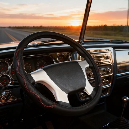 18-Inch Black Leather Truck Steering Wheel Cover - Anti-Slip Grip & Breathable XL Design for Semi Trucks, RVs, Big Rigs, and 18 Wheelers (Fits 17.5-18 inches) (Red Stitching) in Saudi Arabia