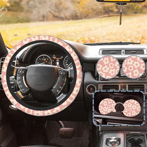 Boho Ethnic Southwest Geometric Steering Wheel Cover Non-Slip Breathable Universal 15 Inch Car Steering Wheel Cover with 2 Pieces Car Coasters Suitable for Men Women in Saudi Arabia