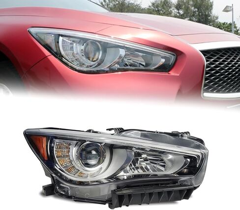 مجموعة المصابيح الأمامية LED لسيارة Infiniti Q50 2014-2022 - المصابيح الأمامية لجهاز العرض مع LED DRL، غطاء شفاف من الكروم، غير AFS، يسار (جانب السائق) in Kuwait