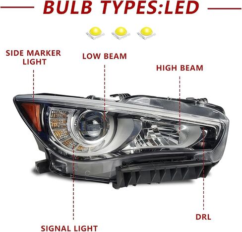مجموعة المصابيح الأمامية LED لسيارة Infiniti Q50 2014-2022 - المصابيح الأمامية لجهاز العرض مع LED DRL، غطاء شفاف من الكروم، غير AFS، يسار (جانب السائق) in Kuwait