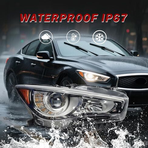 مجموعة المصابيح الأمامية LED لسيارة Infiniti Q50 2014-2022 - المصابيح الأمامية لجهاز العرض مع LED DRL، غطاء شفاف من الكروم، غير AFS، يسار (جانب السائق) in Kuwait