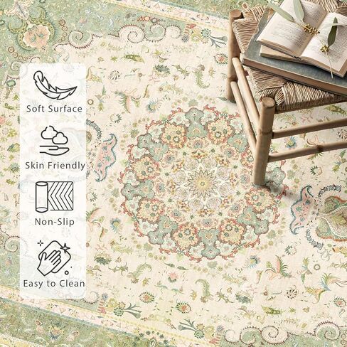 سجاد منطقة 5 × 7، سجادة بوهو قابلة للغسل لغرفة المعيشة وغرفة النوم والمكتب والمطبخ، سجاد كبير عتيق مزين بالزهور الشرقية غير قابل للانزلاق، أسود in Kuwait